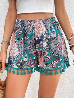 SHEIN VCAY شورت مطبوع بأسلوب بوهيمي للسيدات مزين بحواف من الدانتيل المجدول، مثالي للعطلات