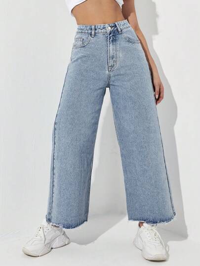 SHEIN ICON بنطلون جينز نسائي عالي الخصر واسع الساقين ومريح للإطلالات الكاجوال