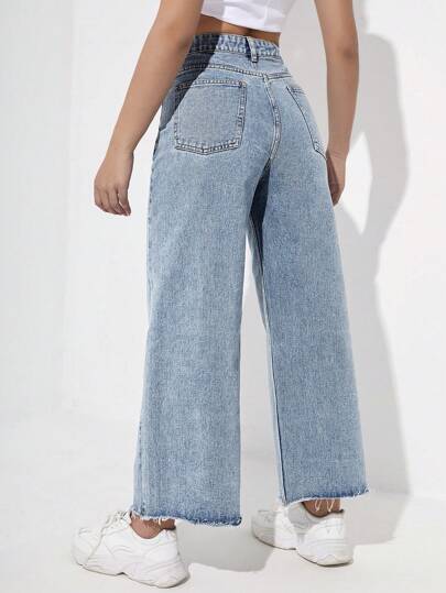 SHEIN ICON بنطلون جينز نسائي عالي الخصر واسع الساقين ومريح للإطلالات الكاجوال