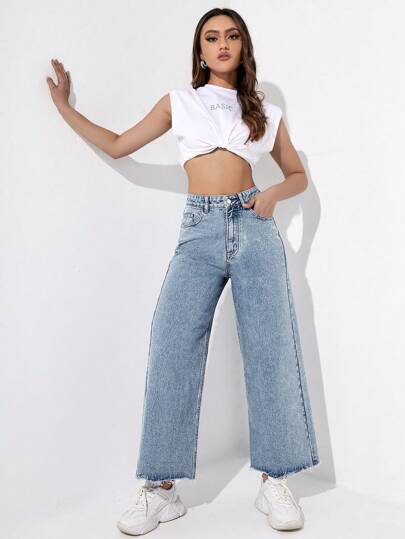 SHEIN ICON بنطلون جينز نسائي عالي الخصر واسع الساقين ومريح للإطلالات الكاجوال