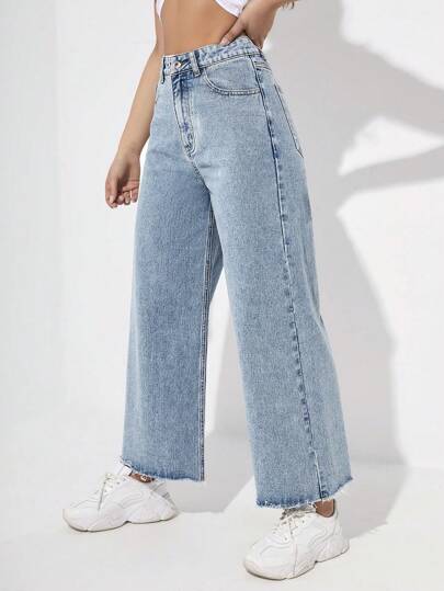 SHEIN ICON بنطلون جينز نسائي عالي الخصر واسع الساقين ومريح للإطلالات الكاجوال