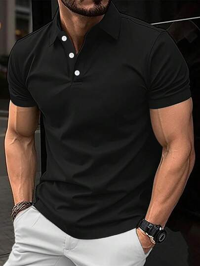 Manfinity Homme قميص بولو رجالي بأكمام قصيرة ولون سادة