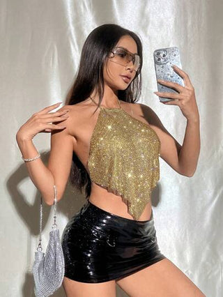 EgrlEra ملابس علوية نسائي كم قصير بتفاصيل معدنية مطرزة بحجارة الراين وتصميم الرقبة الحلقية، ملابس منسقة لحفلات السنة الجديدة والعطلات الصيفية