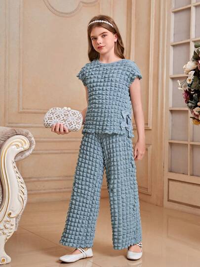 girls-sets قطعتان من تي شيرت الفتيات الصغيرات متموجة القماش المربعة وحزام الكتف وبنطلون بساق مستقيمة مصنوعان من الصوف المحبوك