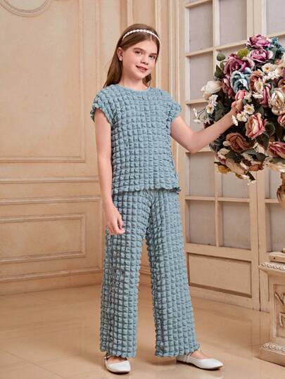 girls-sets قطعتان من تي شيرت الفتيات الصغيرات متموجة القماش المربعة وحزام الكتف وبنطلون بساق مستقيمة مصنوعان من الصوف المحبوك