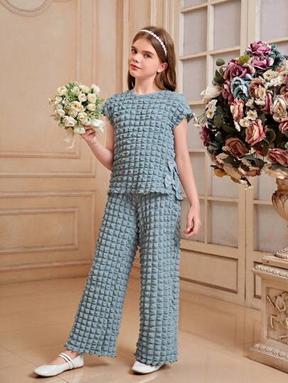 girls-sets قطعتان من تي شيرت الفتيات الصغيرات متموجة القماش المربعة وحزام الكتف وبنطلون بساق مستقيمة مصنوعان من الصوف المحبوك