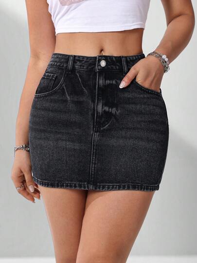 EZwear تنورة من الدنيم اللون الصلب مع جيوب