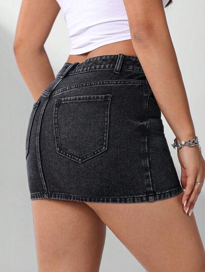EZwear تنورة من الدنيم اللون الصلب مع جيوب