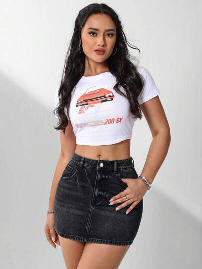 EZwear تنورة من الدنيم اللون الصلب مع جيوب