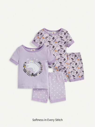 Cozy Pixies ملابس داخلية شتوية قصيرة الأكمام للرضع بناتي مقاس مضبوط أربع قطع/طقم مع دب محبوب، نقش نقطة مائلة ونقش زهور