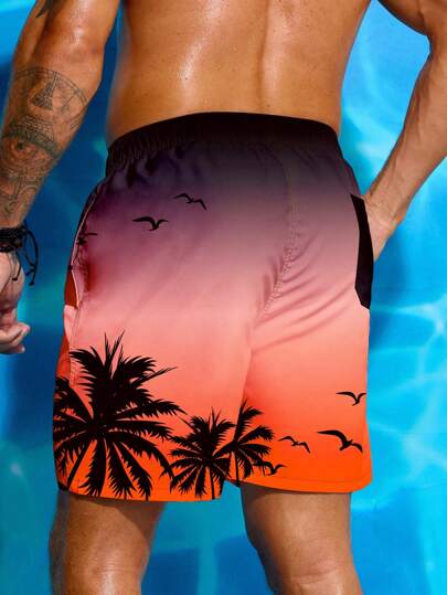 Manfinity Swimmode شورت بطبعة أشجار النخيل للرجال ، سحاب خصر، شاطئي، هاواي