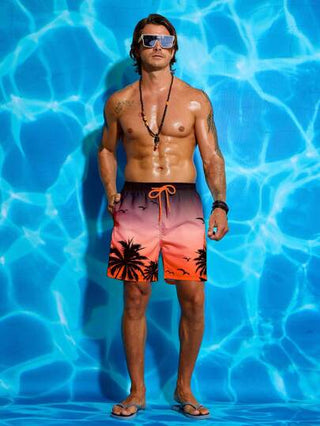 Manfinity Swimmode شورت بطبعة أشجار النخيل للرجال ، سحاب خصر، شاطئي، هاواي