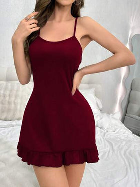 SHEIN فستان نوم نسائي بسيط بلون أحادي مع تطريز دانتيل وظهر مكشوف