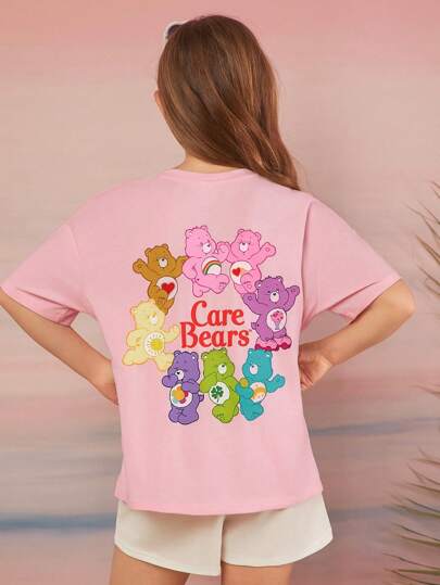 ملابس بناتي X Care Bears تي شيرت قطني فضفاض للفتاة في سن المراهقة برقبة دائرية وأكمام قصيرة بطبعة دب ألوان وحروف انجليزية