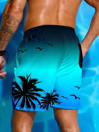 Manfinity Swimmode شورت شاطئ للرجال مطبوع عليه أشجار النخيل، أسلوب هاواي