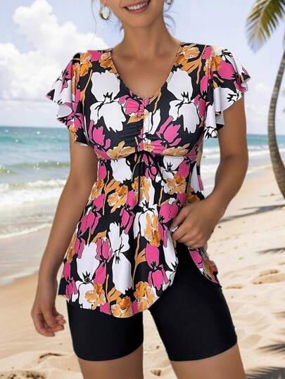 طقم تانكيني حريمي Swim Lushoire ملابس علوية نسائي بطبعة الزهور وأكمام مطوية وشورت سباحة بلون سادة مرتكزة على الشاطئ الصيفي