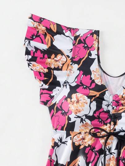 طقم تانكيني حريمي Swim Lushoire ملابس علوية نسائي بطبعة الزهور وأكمام مطوية وشورت سباحة بلون سادة مرتكزة على الشاطئ الصيفي