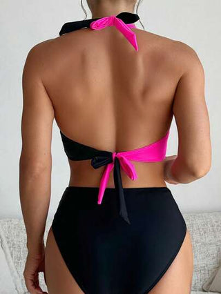 Swim مجموعة بيكيني عنق هالتر نسائية بألوان متباينة , للصيف على الشاطئ