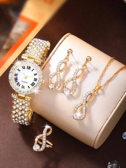 ساعة نسائية، أنيقة وعصرية، قرص دائري مزين بالراين ستون، ساعة كوارتز نسائية مجموعة مع قلادة وأقراط وخاتم مجموعة مجوهرات مثالية للارتداء اليومي، هدايا عيد الميلاد، موسم العودة إلى المدرسة، ، مناسبات الأزواج الهدية المثالية (لا يشمل صندوق الساعة)