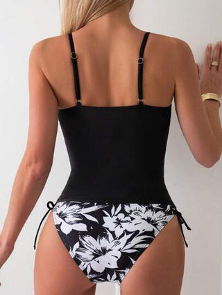 طقم تانكيني حريمي Swim Lushoire ملابس علوية تانكيني نسائية عنق عميق للشاطئ الصيفي وسفلي السباحة بطبعات استوائية ورباط جانبي