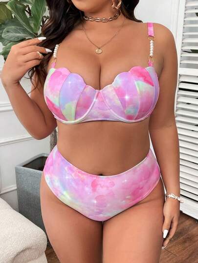 Slaydiva مجموعة بكيني ذات حجم زائد للشاطئ بأشرطة السباغيتي الخلفية والعقدة، مع براق مدهون و سروال بكيني ، به سروالين متعددة الألوان