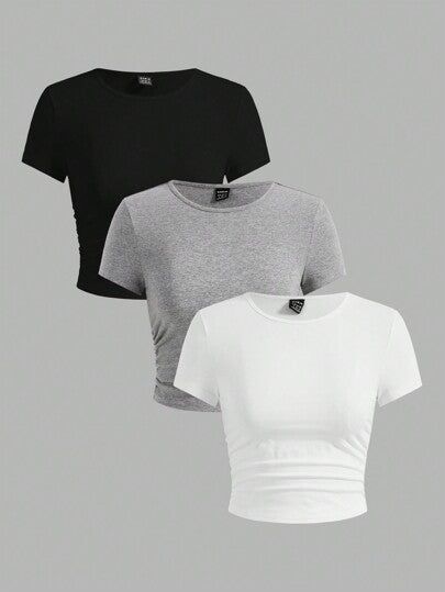 EZwear قميص صيفي عارض من نوع الرقبة الدائرية وأكمام قصيرة للنساء المحبوك بعدة ألوان