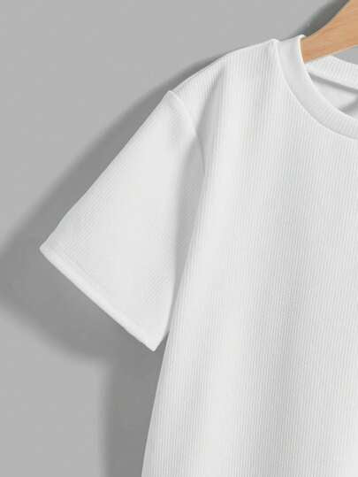 SHEIN سترة صغيرة للأولاد مناسبة للجميع بلون واحد وقماش جيرسيه نسيج ناعم برقبة دائرية للياقة ،أكمام قصيرة ,قطعتين، تصميم شتاء/ربيع ،ملابس علوية أساسية