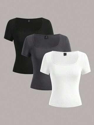EZwear 3قطع تي شيرت تي كاجوال مقصور الأكمام والياقة المربعة للنساء ، صيف