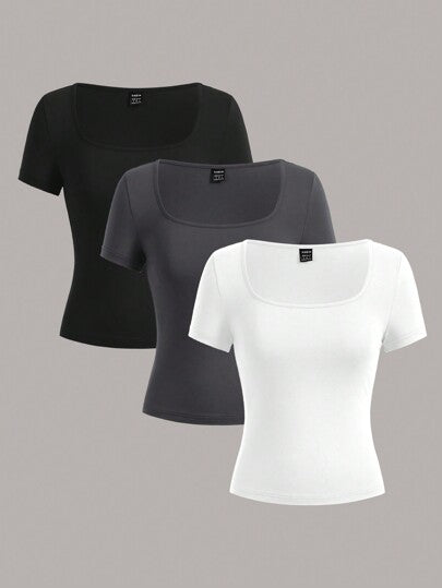 EZwear 3قطع تي شيرت تي كاجوال مقصور الأكمام والياقة المربعة للنساء ، صيف