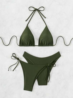 SHEIN Swim Basics مجموعة بيكيني مربوط على العنق على شكل حرف V, مناسبة للشاطئ، ملابس سباحة صيفية