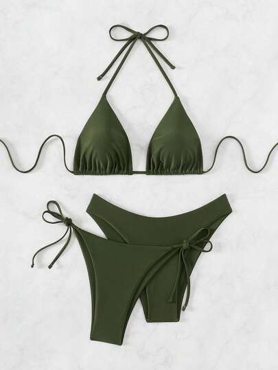 SHEIN Swim Basics مجموعة بيكيني مربوط على العنق على شكل حرف V, مناسبة للشاطئ، ملابس سباحة صيفية