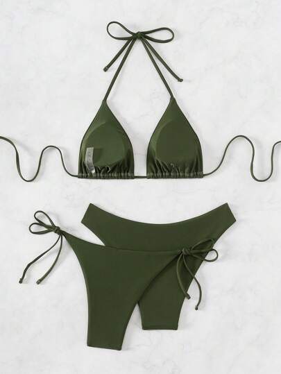 SHEIN Swim Basics مجموعة بيكيني مربوط على العنق على شكل حرف V, مناسبة للشاطئ، ملابس سباحة صيفية