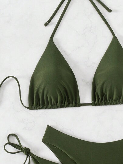 SHEIN Swim Basics مجموعة بيكيني مربوط على العنق على شكل حرف V, مناسبة للشاطئ، ملابس سباحة صيفية