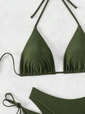 SHEIN Swim Basics مجموعة بيكيني مربوط على العنق على شكل حرف V, مناسبة للشاطئ، ملابس سباحة صيفية