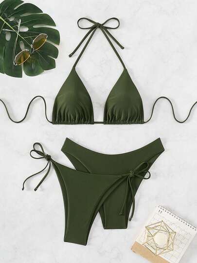 SHEIN Swim Basics مجموعة بيكيني مربوط على العنق على شكل حرف V, مناسبة للشاطئ، ملابس سباحة صيفية