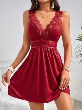 SHEIN فستان نوم نسائي بظهر مفتوح وياقة على شكل حرف V بدون أكمام وتطريز دانتيل متباين