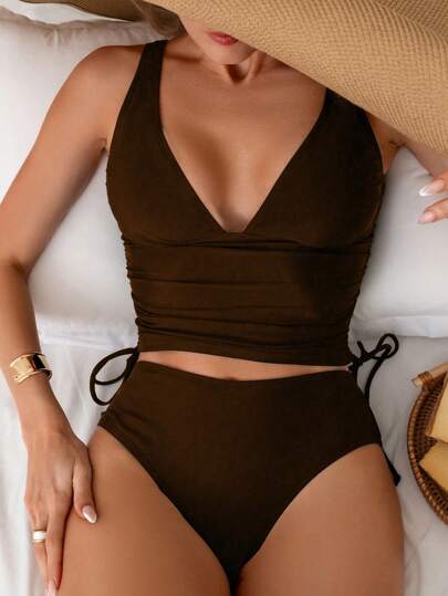 طقم تانكيني حريمي Swim Basics سترة ملابس علوية مع خزائن جانبية وشورت داخلي بلون واحد لنساء، مجموعة ثياب سباحة تانكيني للصيف