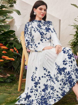 فساتين حريمي Modelyn فستان أنيق مطبوع بطبعات زهرية ربيعية، بأكمام طويلة وهيم منطبق، فستان سهرة طويل