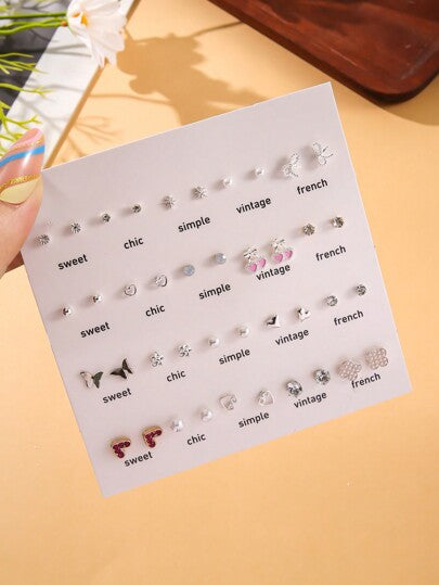 40 قطعة صندوق مجموعة أقراط دبوس من سبيكة مرصعة بالكريستال بتصاميم القلب والفراشة والحشيشة، أزياء وشخصية للنساء، مناسبة للاستخدام اليومي في عيد الحب