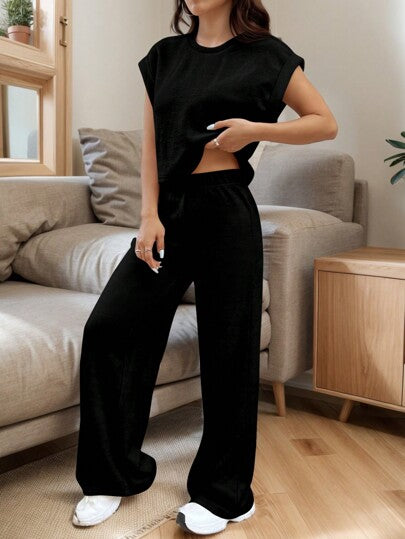 SHEIN EZwear بدلة رياضية فضفاضة سوداء من الحياكة لفصلي الربيع/الصيف