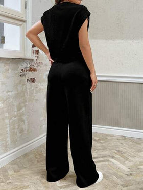 SHEIN EZwear بدلة رياضية فضفاضة سوداء من الحياكة لفصلي الربيع/الصيف