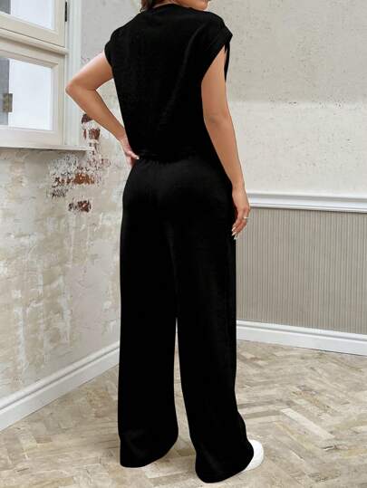 SHEIN EZwear بدلة رياضية فضفاضة سوداء من الحياكة لفصلي الربيع/الصيف