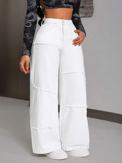 SHEIN PETITE بنطلون نسائي فضفاض مع تصميم حواف متقطعة