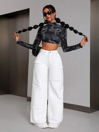 SHEIN PETITE بنطلون نسائي فضفاض مع تصميم حواف متقطعة
