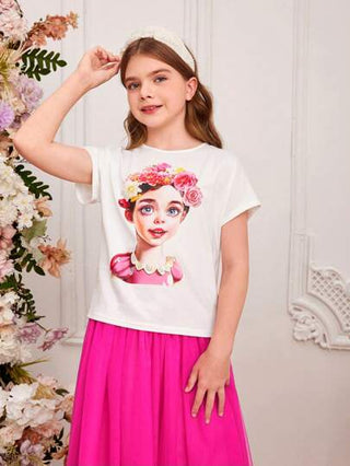 girls-sets مجموعة تي شيرت ذات الأكمام القصيرة والياقة الدائرية والتي هي مناسبة للفتاة المراهقة في فصل الربيع / الصيف مع طبعة صورة الجاكيت وتنورة من الشبكة