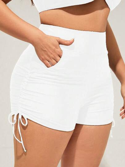 SHEIN Swim Curve قاع بملابس السباحة للنساء بجانب الرباط مقاس كبير للصيف بلون سادة على الشاطئ