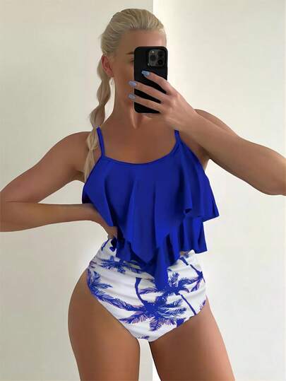 طقم تانكيني حريمي Swim سترة الكامي العلوية بدون أسلاك للنساء في عطلة الصيف على الشاطئ مع جزء علوي مزين بالريش وجزء سفلي مثلث الخصر مطبوع بنخلة مع مجموعة تانكيني