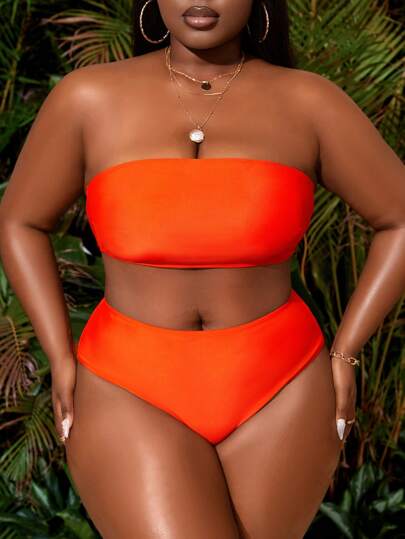 SHEIN Slayr CURVE مجموعة بيكيني مطبوعة صلبة للشاطئ في الصيف بحجم كبير و دون حمالة و مع غطاء مثقوب
