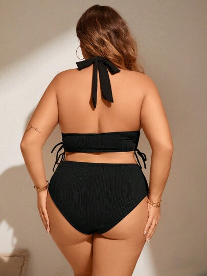 Swim Lushoire ملابس سباحة صيفية بحجم زائد باللون الصلب وحبكة النسيج، بيكيني برباط عنق بحمالات و أسفل بكيني