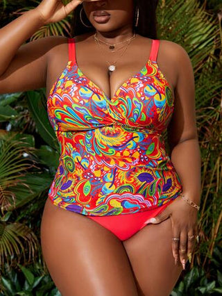 SHEIN Slayr CURVE طقم تانكيني صيفي مطبوع عصري للشاطئ بمقاس كبير